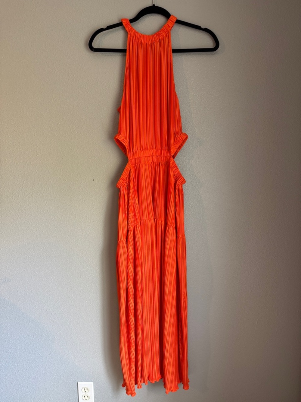 Sleeveless Bright Orange Pleated Maxi Dress - Halter Neck